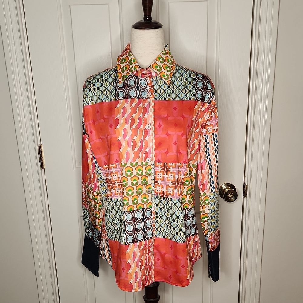 Tizzie Rome Long Sleeve Shirt Multi Patchwork Print Size M